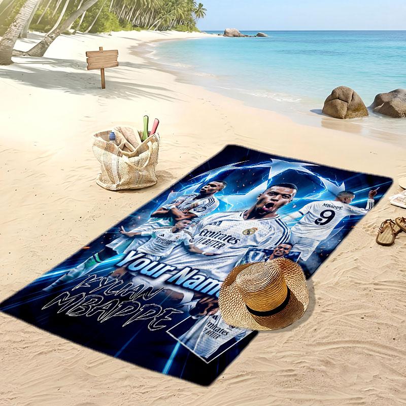 Asciugamano da Spiaggia Personalizzato Stampato Kylian Mbappe Logo Calcio Supporto Nome Personalizzato Testo Asciugamano Assorbente Per Sport Viaggio Regalo Speciale