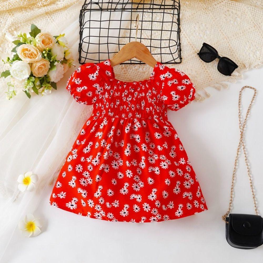 Square Collar Summer Flower Dress Party Toddle Dress Elegant Baby Girls Princess Dress  Holiday