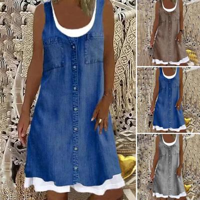 Women's Sleeveless Fake Two Piece Dress Summer Casual Crew Neck Denim Print