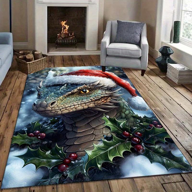 Christmas Dragon Rug Festive Holiday Carpets Green Dragon with Holly Berries Design Winter Seasonal Decor Skid resistant carpet