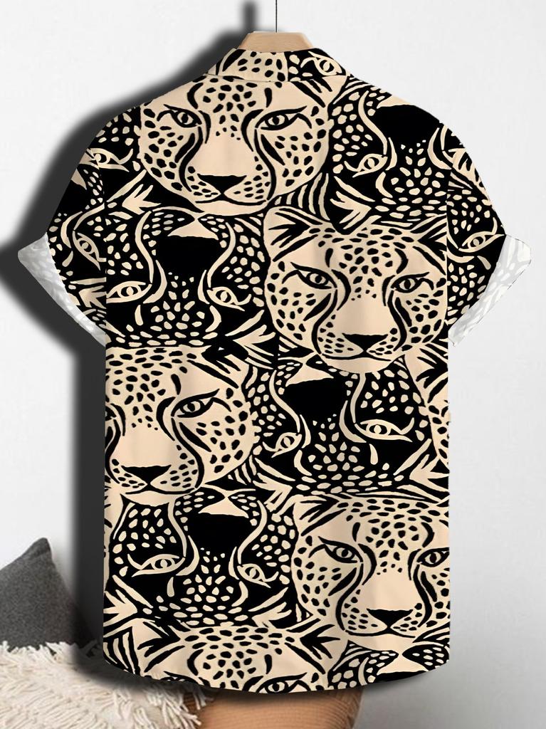3D Print Hawaiian Leisure Animal Leopard Shirt for Men, Stylish Casual Short-Sleeve Shirt with Buttons And a Collar, Men'S Summer Hawaiian Shirt