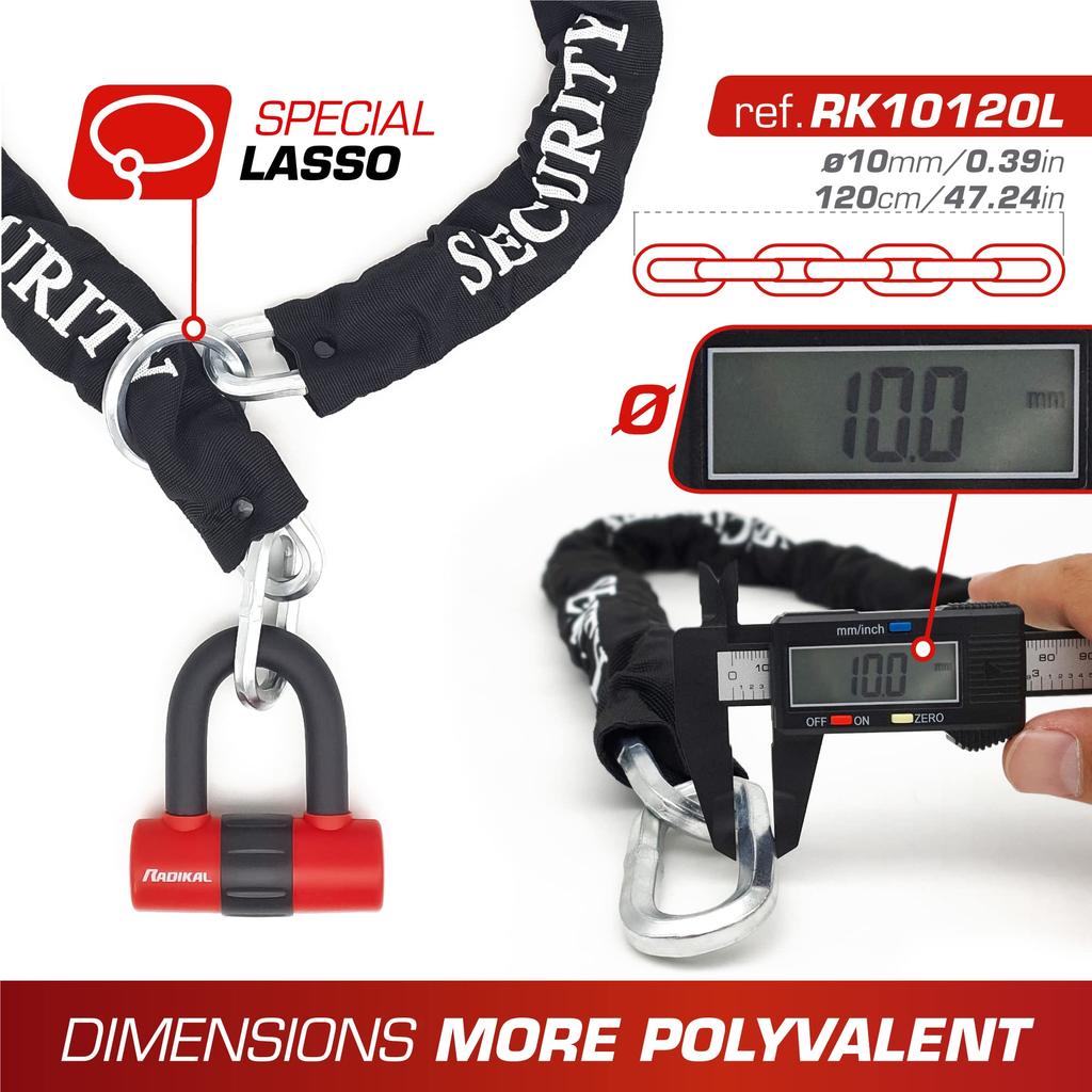 Radikal RK72120L Mini for motorcycle security chain 120 cm long with for bikes U-lock discs, Ø10 loop, anti-theft