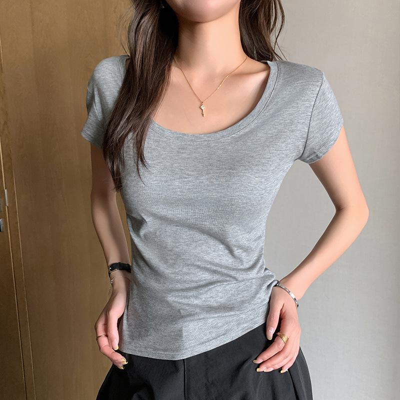 K3327 Lyocell Crew Neck Short Sleeve T-Shirt Women's Spring Summer Slim and Skinny Versatile Big U-Neck Bottom Half Sleeve Top
