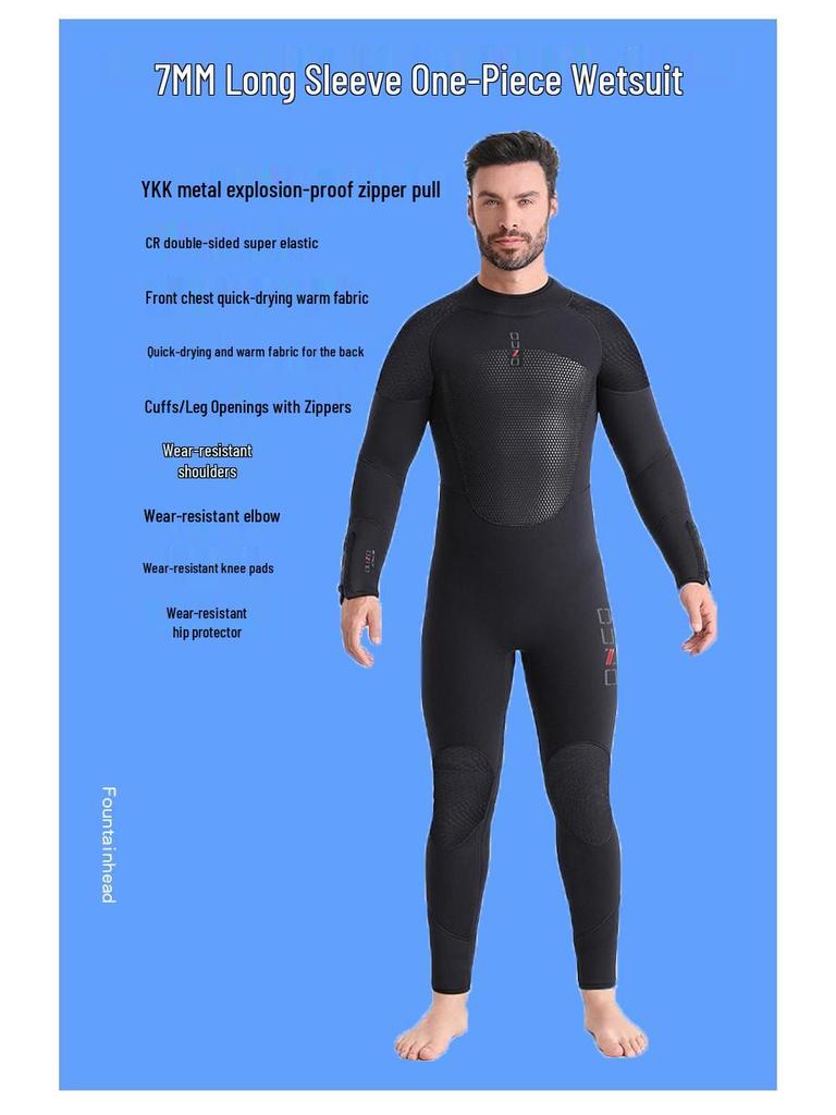 OUZO7mm CR Super Elastic Long Sleeve Wetsuit - Thick, Cold-Proof for Surfing, Free Diving, and Scuba Diving