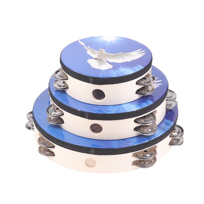 Wood Tambourine Hand Crank Drums Double Row Metal Jingles Stainless Steel Percussion Musical Instrument Orff Tambourine