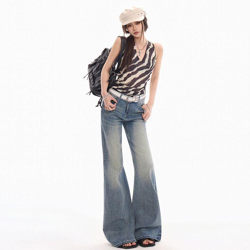Spring Summer Vintage Light Blue Y2K Slim Horse Hoof Micro Flare Denim Pants For Ladies Casual Pants Oversize Denim Trousers