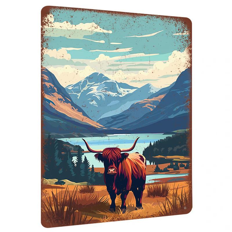 Highland Cow Mountain Landscape Metal Wall Art Decor Modern 20x30cm(7.8x11.8inch)