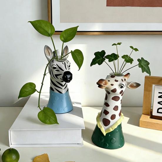 Vaso a Testa di Animale Carino Moderno Faccia di Giraffa Zebra Vaso da Fiori per Ingresso Casa Soggiorno Decorazione da Tavolo