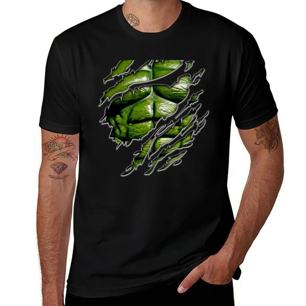 Green Muscle Chest In Purple Ripped Torn Tee Tshirt Festive Simple Tshirt
