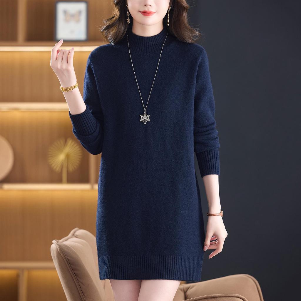 2025 Women's Stylish Loose High Neck Knit Sweater Dress - Mid-Length, Winter Inner Layer for Moms