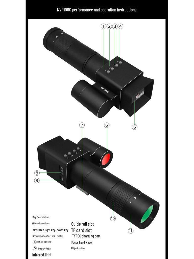 Telescop monocular cu infraroșu HD, zi-noapte, cu ecran, rază de acțiune de 350 m, cursor reticular mobil