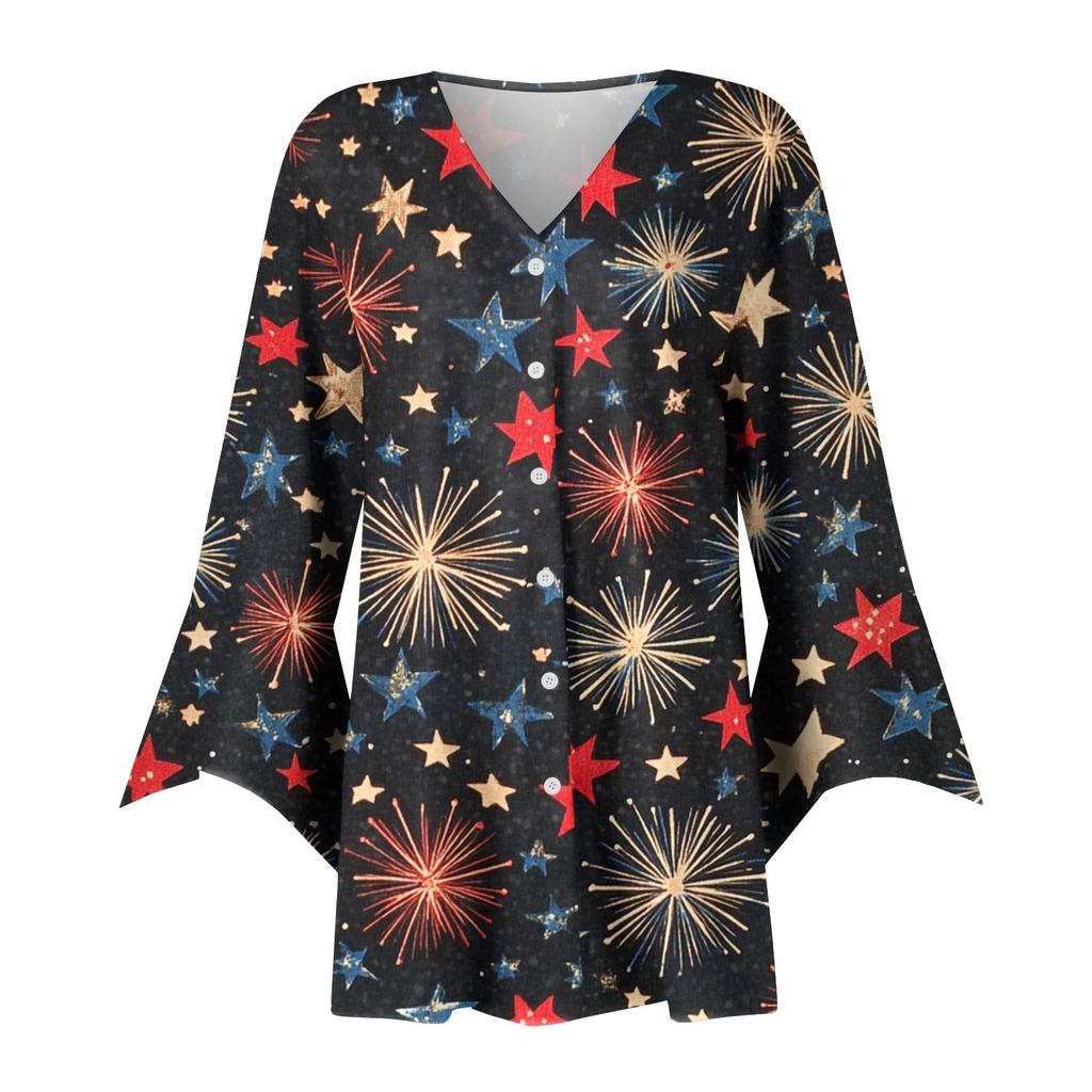 Women's Loose Casual Independence Day Printed Seven Sleeve Button Down Shirt Cardigan Top