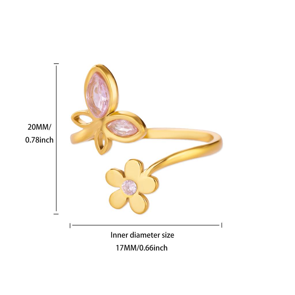 Exquisite Cute Zircon Butterfly Flower Ring For Women Gold Color Adjustable Ring Wedding Electroplated Jewelry Accessories Gift