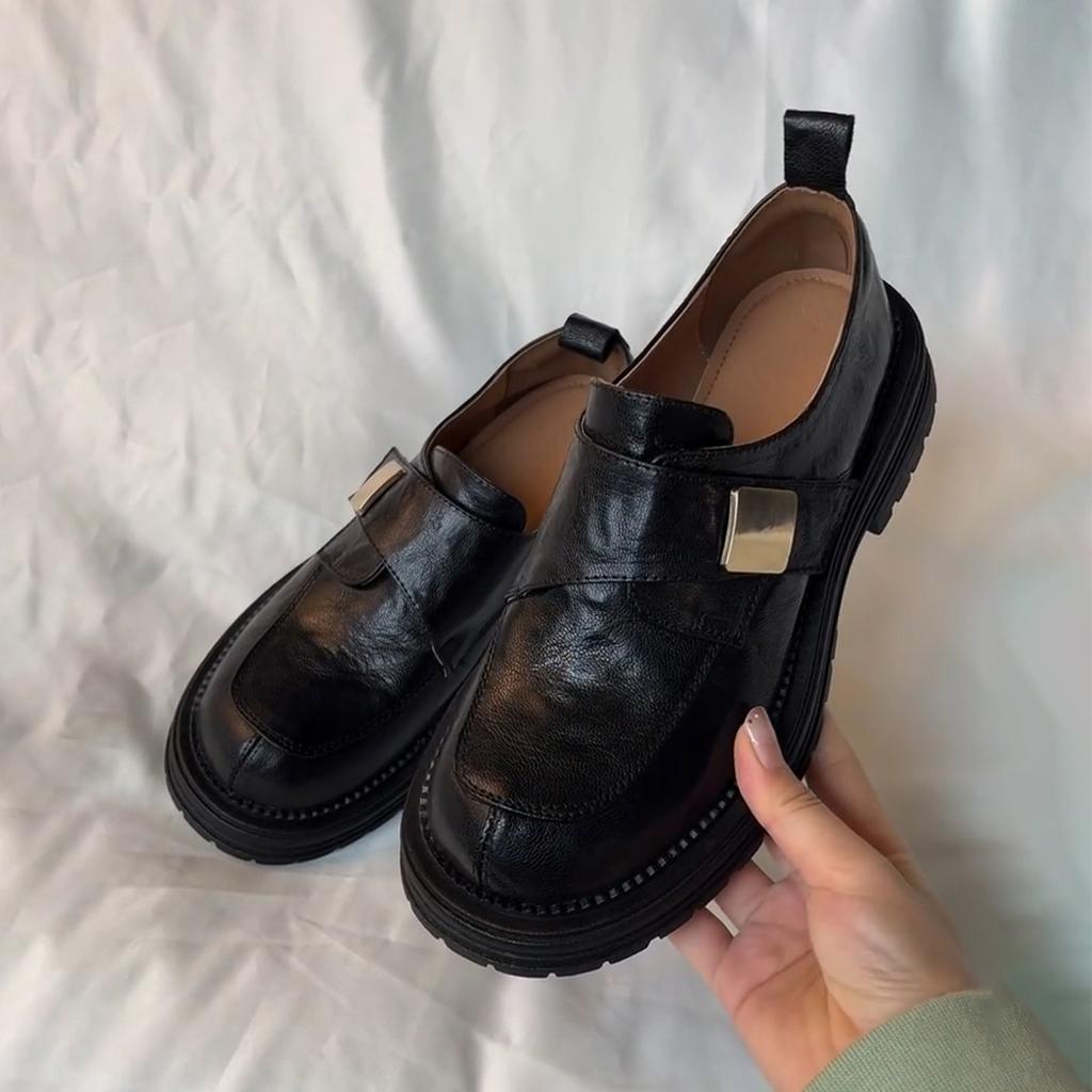 Sheepskin version~ thick-soled Velcro leather loafers women's British style thick heel deep mouth single shoes black jk small leather shoes