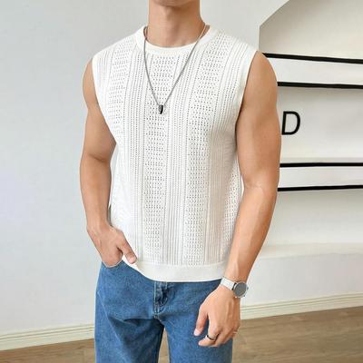 Ärmelloses Strickoberteil für Herren, hohl, atmungsaktiv, für den Sommer, für den Alltag, Streetstyle, schmale Passform, einfarbig, ärmellos