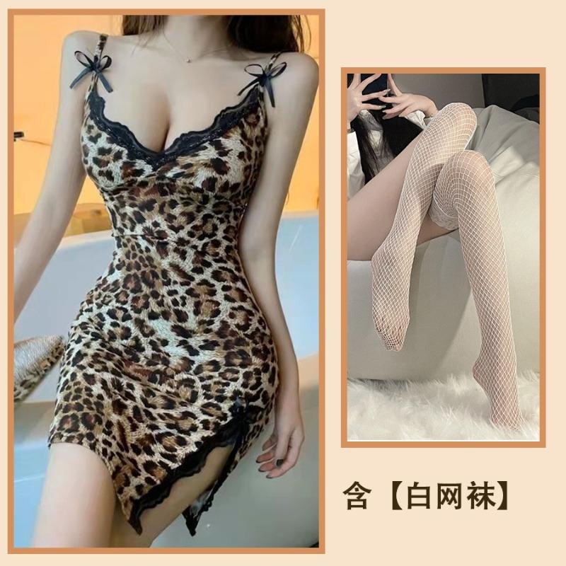 Sexy lace leopard print v-neck thin ice silk slim suspender nightdress temperament lace dress