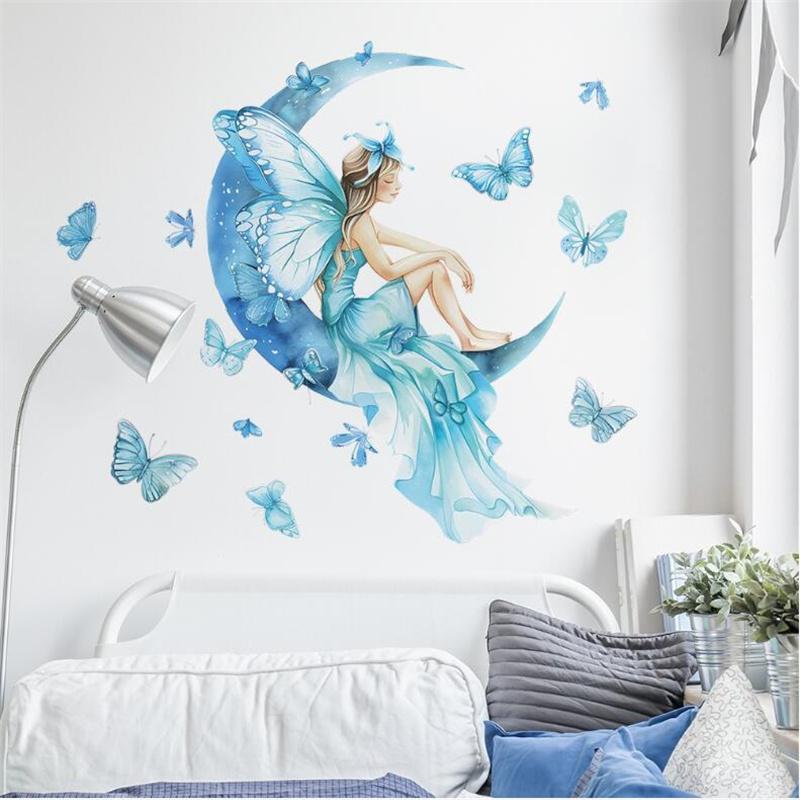 Cute Blue Girls Butterfly Moon Wall Stickers for Kids Decor Bedroom Decoration Living Room Decal