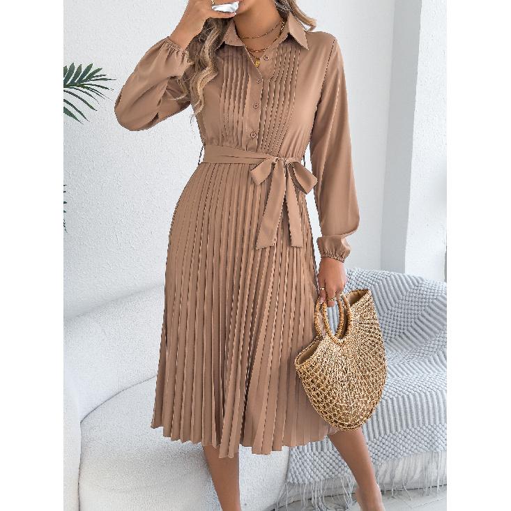 

2026 Spring/Summer Elegant Solid Color Turn-down Collar Long Sleeve Waist-Cinching Pleated Dress for Women S хаки