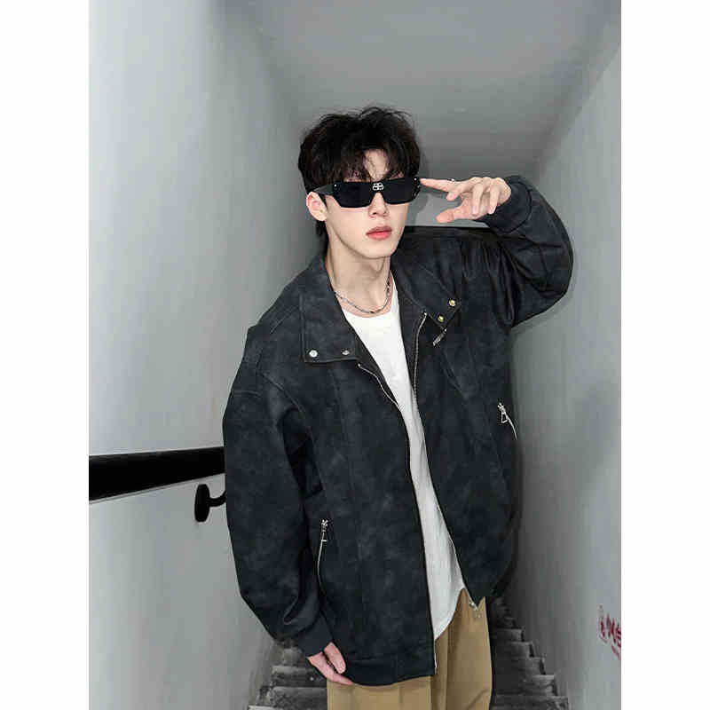 Vintage Tie-dyed Leather Jacket Men's Spring and Autumn New Loose Jacket