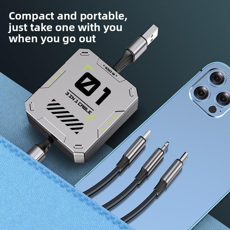 Universal 100w Fast Charging 3in1 Data Cable With Telescopic Design For Apple Huawei Android Devices