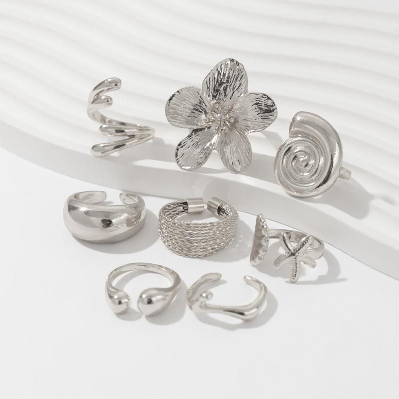 Fashionable Ladies' Ring Set Decoration Vacation Style Starfish Scallop Open Ring Ins Alloy Flower Ring Set Smooth Finish
