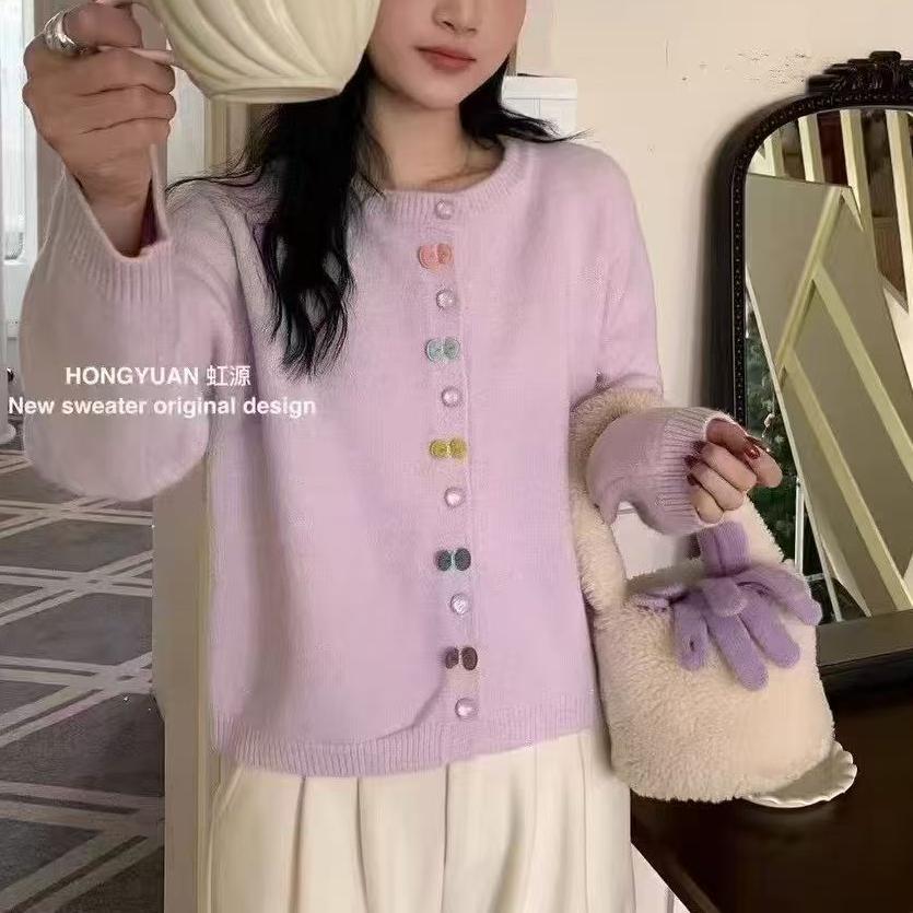 

Весенне-осенний новый красочный свитер с бантом и жемчужной пряжкой, женский топ, милый мягкий восковой вязаный свитер-жакет Average size 57-275 фиолетовый