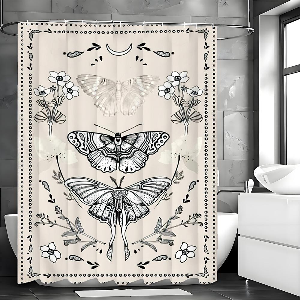 Black and White Moth Butterfly Floral Shower Curtain, Bathroom Decorative Shower Curtain, Waterproof Shower Curtain with Hooks