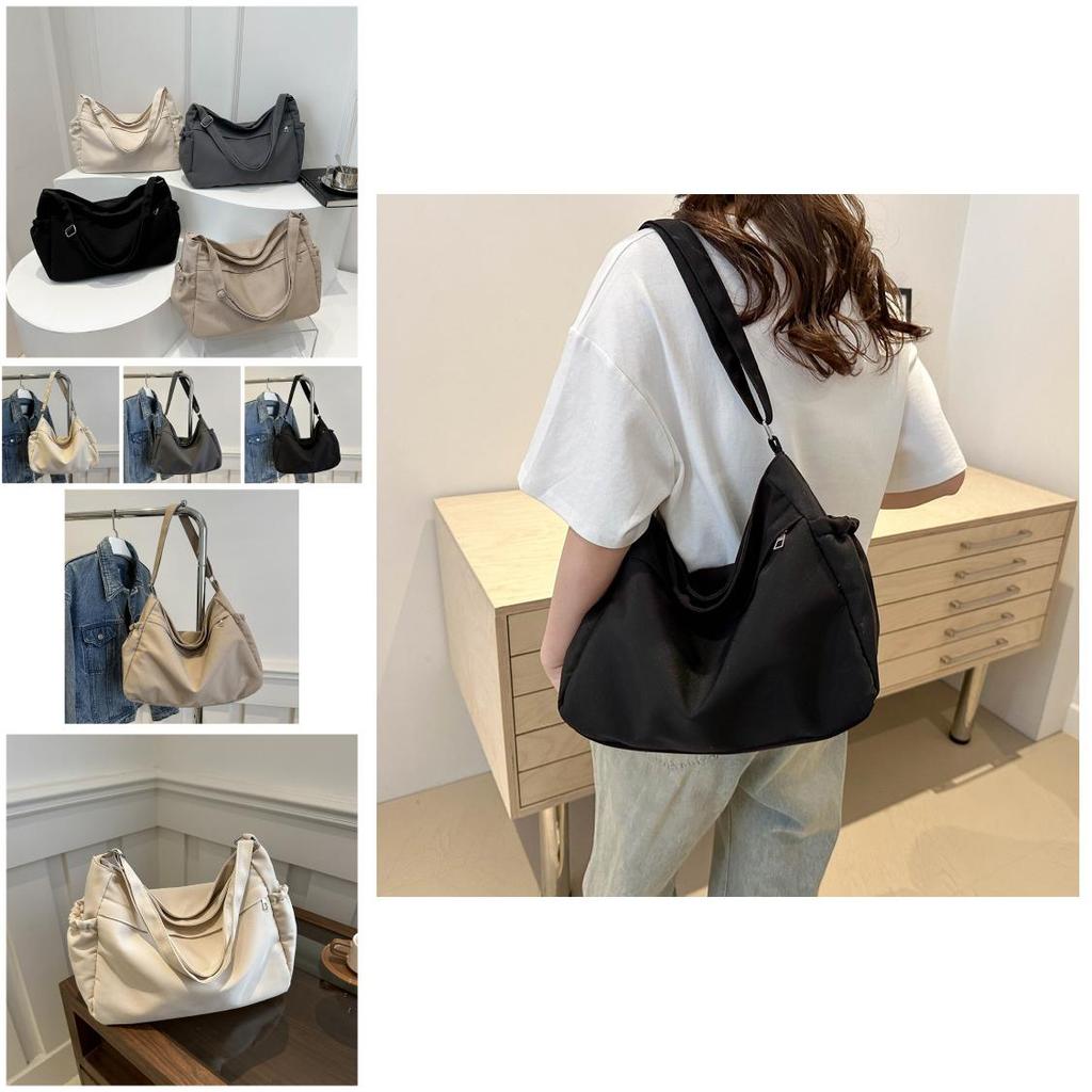 Trendy Urban Simple Large Tote Bag For Women Spacious Nylon Bucket Bag In Black White Grey Khaki