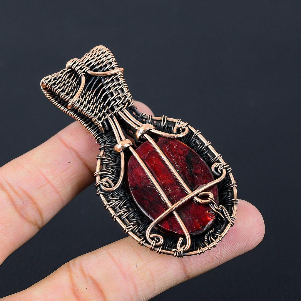 Red Flash Labradorite & Moonstone Gemstone Handmade Pure Copper Wire Wrap Jewelry Pendant