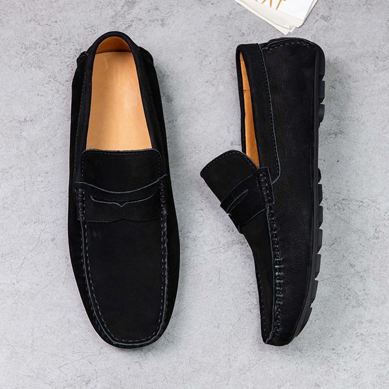 Leisure Mens Suede Leather Flats Slip on Outdoor Casual Shoes Low Top Lazy Shoes Non Slip Loafers Lightweight Moccasins for Male