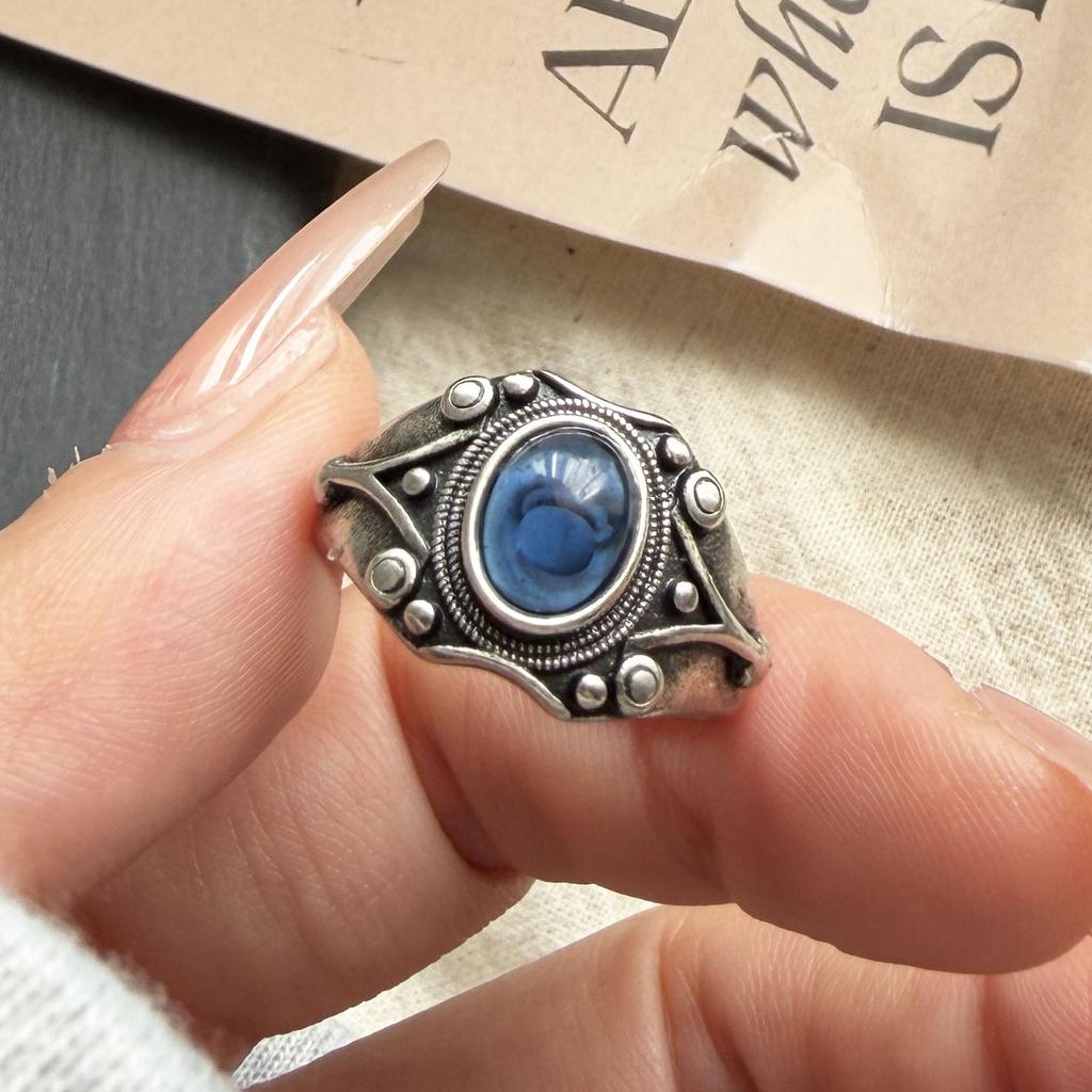 925 Sterling Silver Rings for Women Couple Minimalist Handmade Simple Retro Blue Stone Ring Fine Jewelry Gift Prevent Allergy