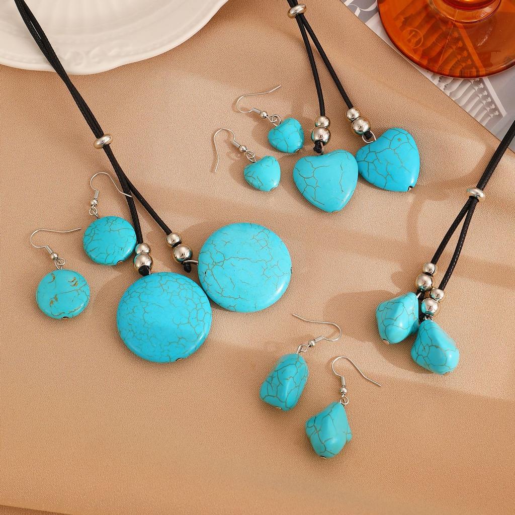High quality simple ethnic style geometric adjustable necklace stud earrings set, fashionable fringed pendant turquoise accessories
