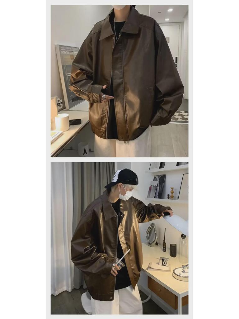 Unisex American Retro Brown PU Leather Motorcycle Jacket - 2024 Spring & Autumn Collection