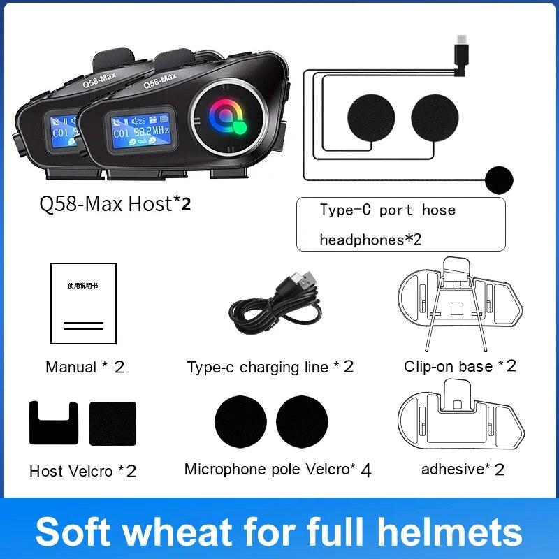 Q58-MAX Motorcycle Helmet Bluetooth Headset Intercom LED Lighting Dual 500M IP65 Rateddeep Waterproof Stereo FM Radio Interphone