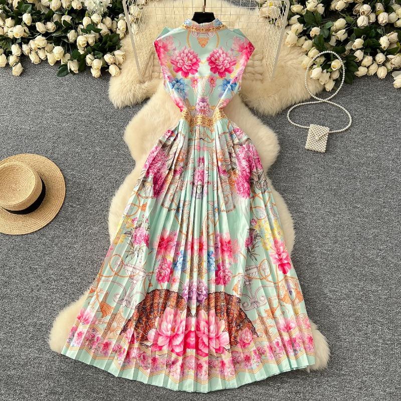 Léto Francie Elegantní Vintage Designové Ženy Potisk Tlačítko Plisované Tenké Dlouhé Společenské šaty Dámské Ležérní Elegantní Sváteční oblečení Nové