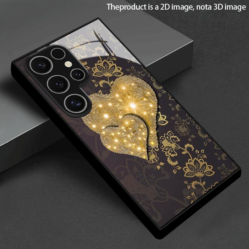 Coque de téléphone 2D à motif cœur doré brillant pour Samsung S26 S25 S24 S23 S22 S21 S20 A56 A55 A36 Housse de protection en verre trempé