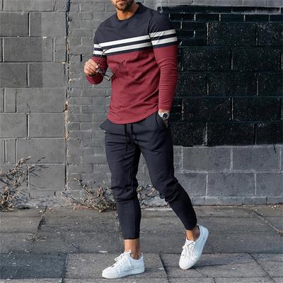 Conjunto Deportivo para Hombre de Color Sólido con Líneas Impresión 3D Camiseta Casual de Manga Larga Pantalones Conjunto de 2 Piezas Sudadera Oversize Ropa para Hombre