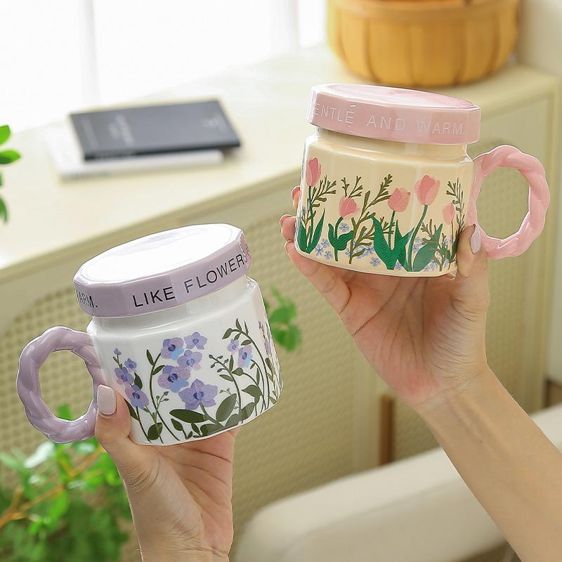 Flower Ceramic Mug with Lid High Value Water Cup Home Coffee Cup Office Birthday Gift Female Souvenir