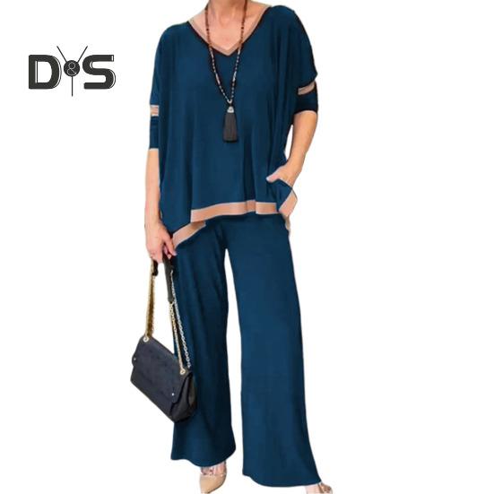 

Женский комплект из 2 предметов: топ и брюки, V-образный вырез, рукава три четверти, толстовка с эластичной резинкой на талии, широкие спортивные штаны, спортивный костюм, осенний повседневный спортивный костюм XL темно-синий