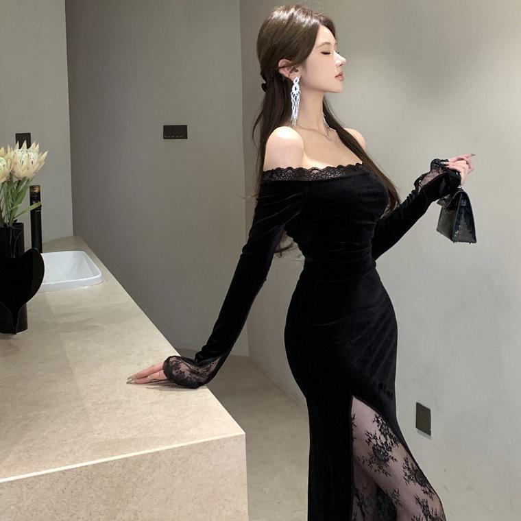 Chic French One-Shoulder Lace Patchwork Dress: Sultry, Slim-Fit, Hip-Hugging Long Skirt