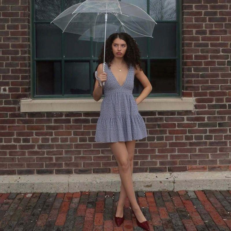 

Sleeveless Checked V-hollow Dress Sleeveless Gingham Deep V-neck Hollow-out Dress Black L