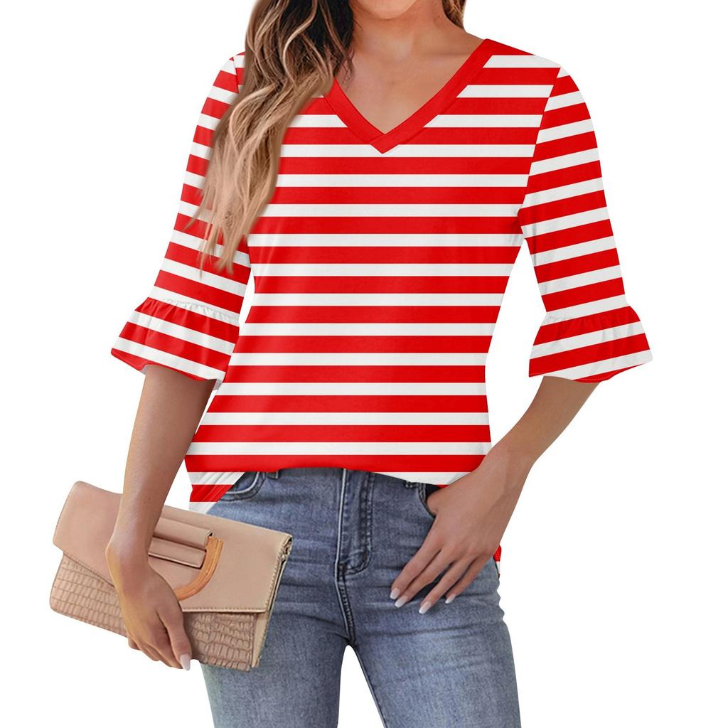 Women's Casual 3/4 Sleeve Top Summer V-neck Puffy Sleeve T-shirt Top