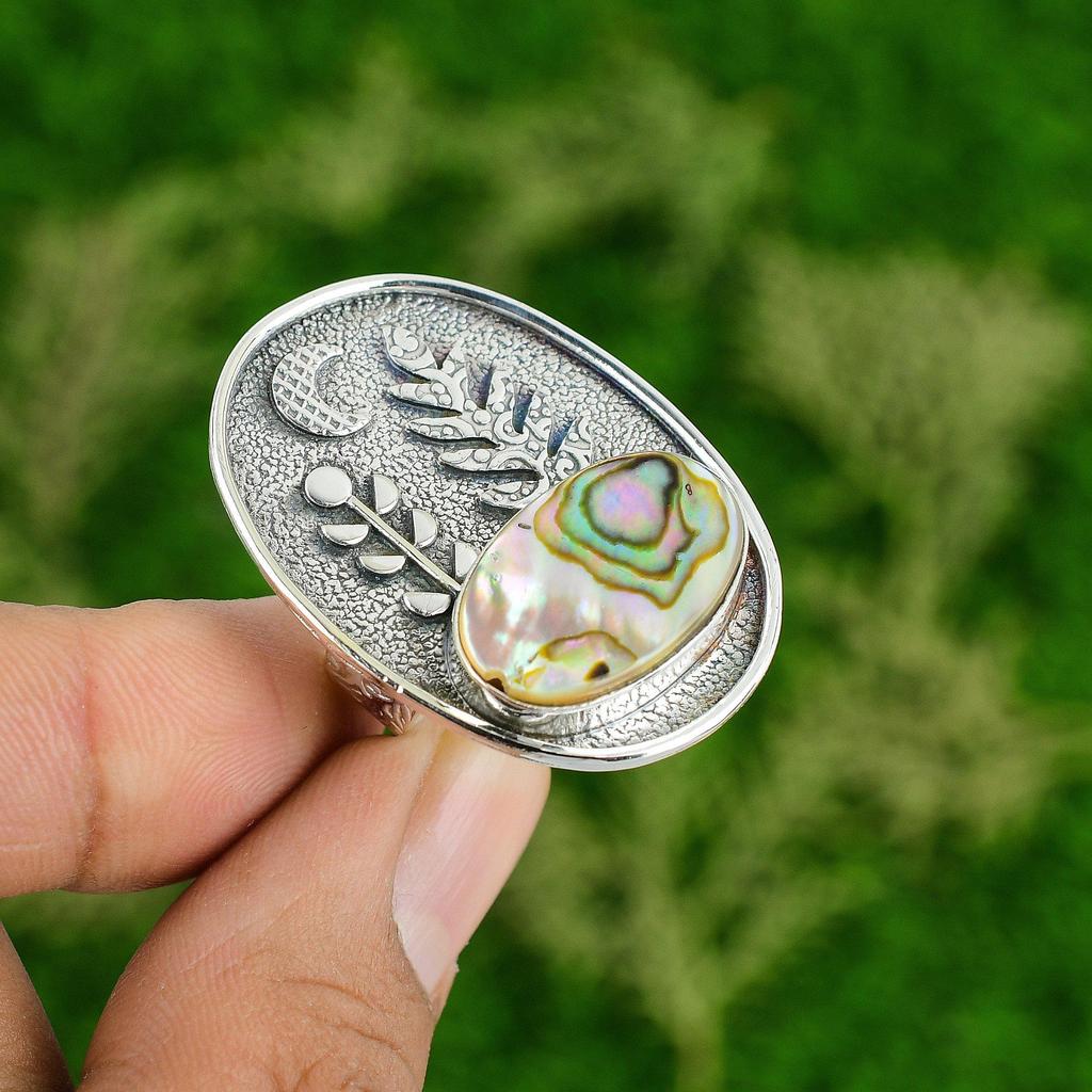Gift For Her 925 Silver Natural Abalone Shell Gemstone Stackable Adjustable Ring