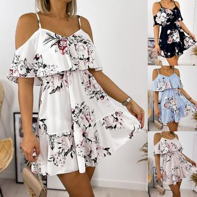 Mini abito da donna sexy con cinturino per spaghetti e spalle scoperte con stampa floreale Abiti casual da donna con volant per vestaglia da donna