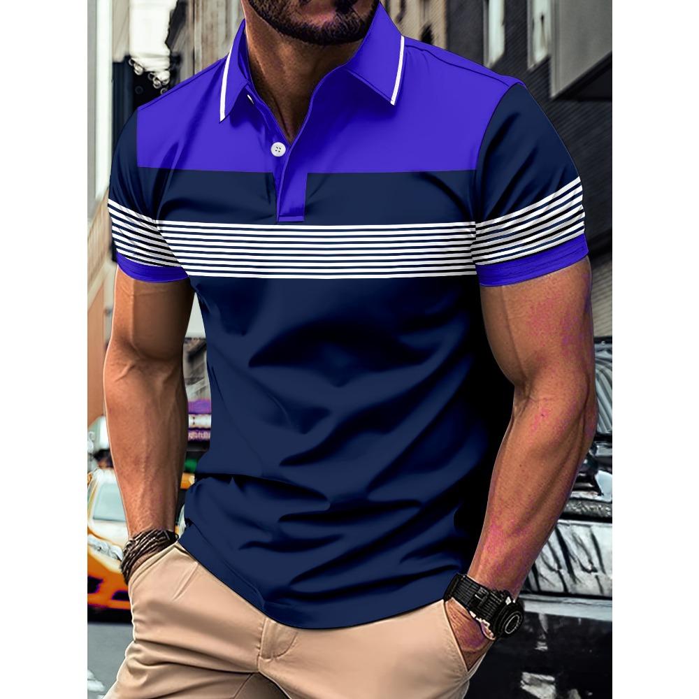 Summer Striped Pattern Short Sleeve Men's Fashion Lapel Polos Shirt 3D Printed Street Polo Button Tops Oversize Casual Tees
