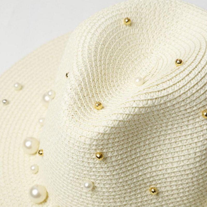 Ymsaid 2022 New Summer British pearl beading flat brimmed straw hat Shading sun hat Lady beach hat