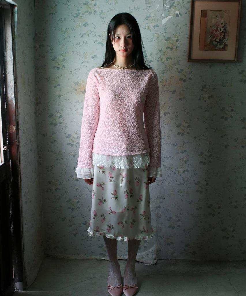 RUBATI Sofia Boat Neck Frill Lace Long Sleeve T-Shirt_Pink
