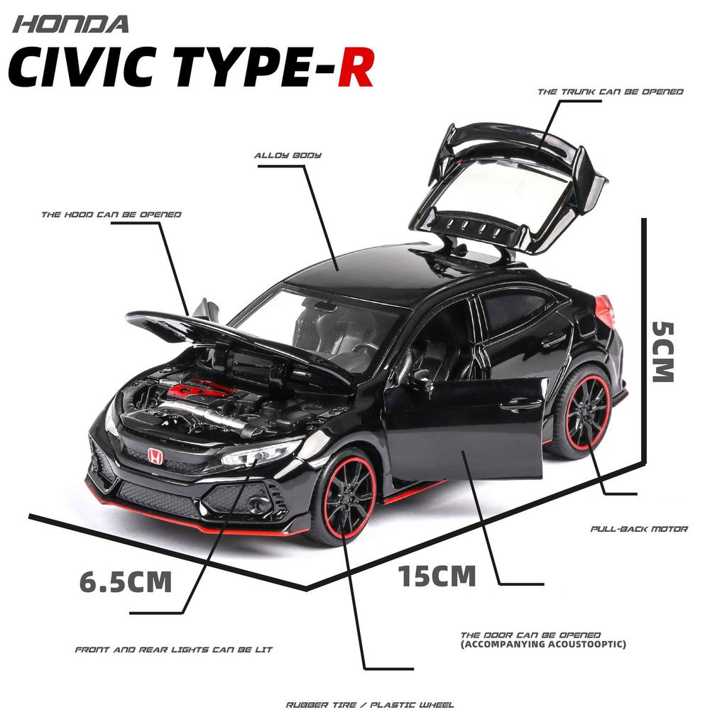 Maßstab 1/32 Honda Civic Type R Spielzeugauto für Kinder Diecast Miniaturmodell Rückzugsantrieb Türen zu öffnen Sound Licht Sammlung Geschenk Jungen