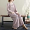 Women Linen Cotton Two Piece Outfit, Embroidered 3/4 Sleeve Top And Wide Leg Pants Set For Casual Daily Wear