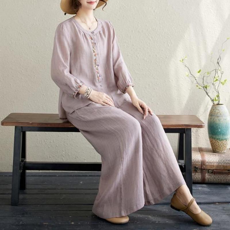 Women Linen Cotton Two Piece Outfit, Embroidered 3/4 Sleeve Top And Wide Leg Pants Set For Casual Daily Wear